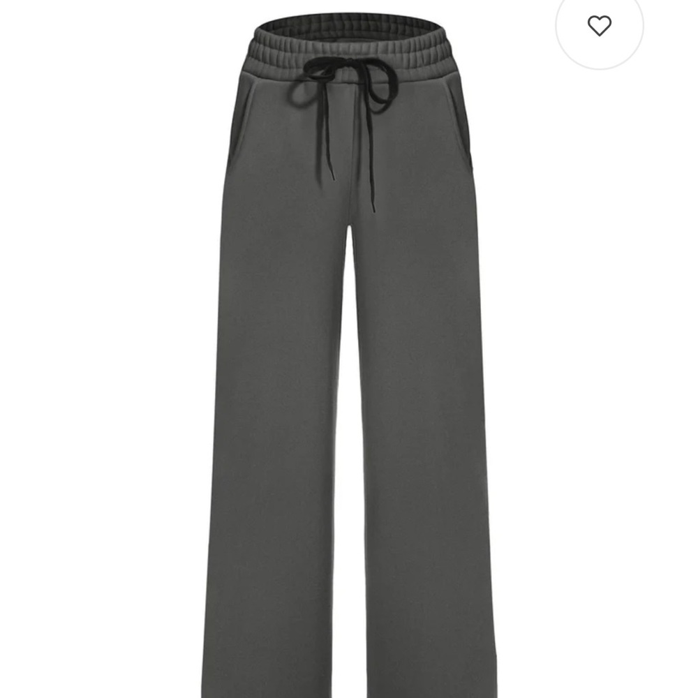 Womens fleece lined sweatpants - high waisted wide leg grey w/ black drawstring